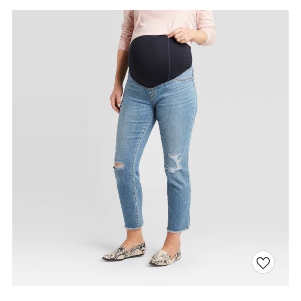 Isabel Maternity. High-Rise Under Belly Distressed Straight Maternity Jeans